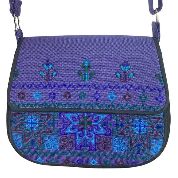 Blue Purple Embroidered Star Cross Adjustable Crossbody Hard Body Cotton Purse - Picture 1 of 6